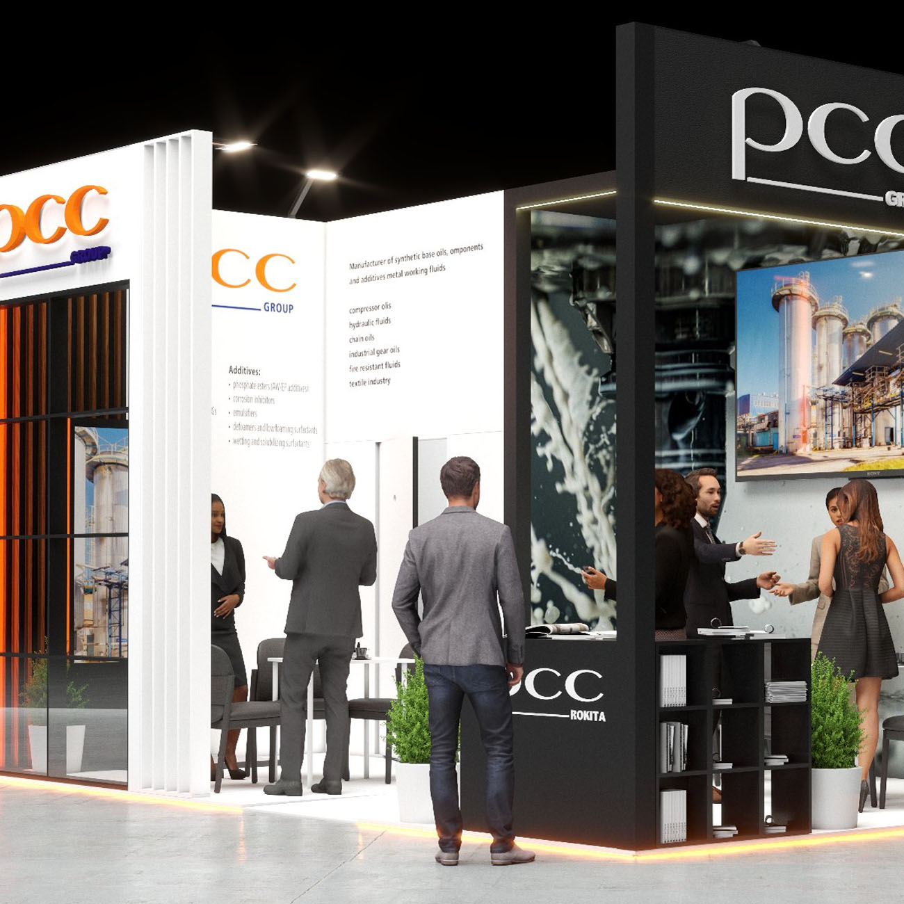 Modern trade show booth with a minimalist design using brushed metal and glass, featuring clean lines, interactive digital displays, and a sophisticated, high-tech atmosphere.